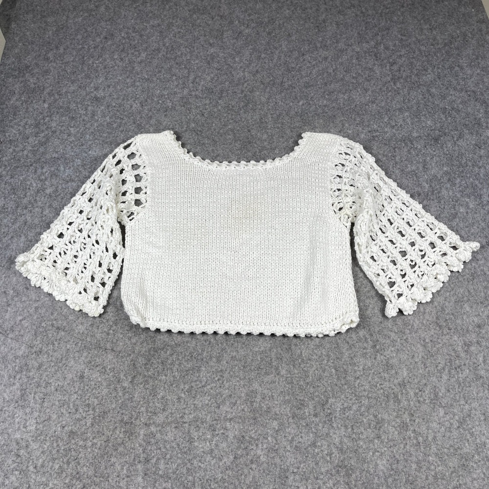 RICO Cropped Knit Sweater Womens Size S/M White Cotton Crochet Bell Sleeve